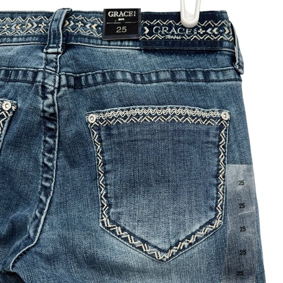 NWT GRACE in LA Women Embroidered Skinny Low Rise Stretch Blue Denim Jeans Sz 25 - Picture 6 of 12